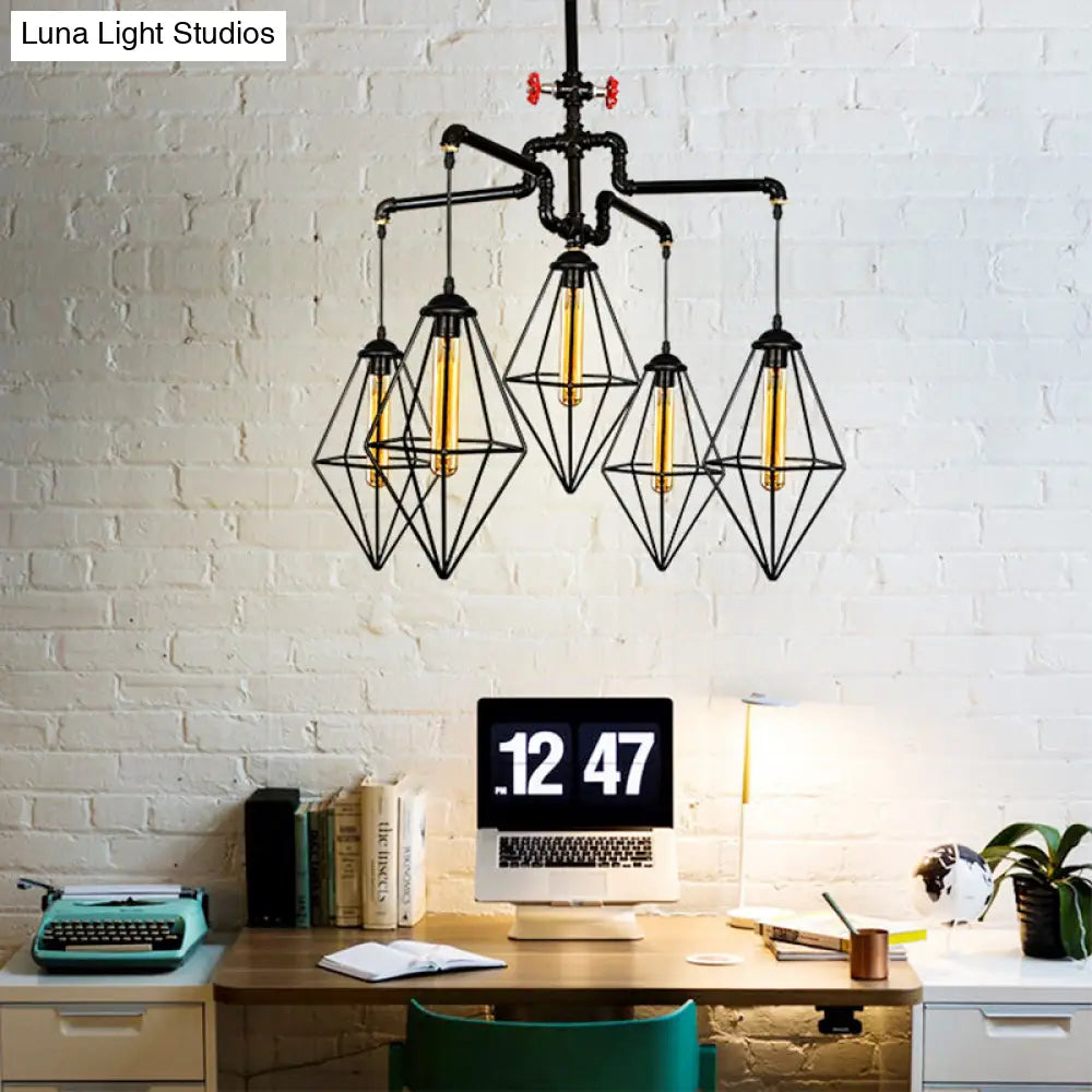 Industrial Style Black Metallic Chandelier With 5-Light Diamond Cage Shade