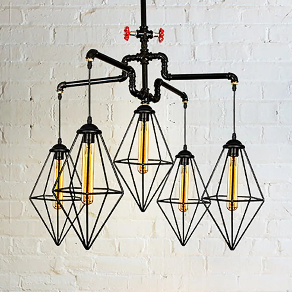 Industrial Style Black Metallic Chandelier With 5-Light Diamond Cage Shade