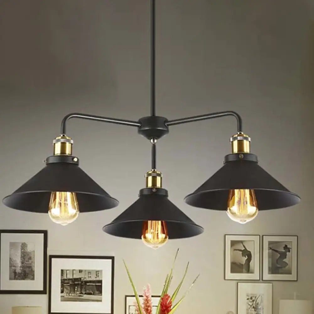 Industrial Style Black Metallic Hanging Light With Conical Chandelier Design - Perfect For Dining