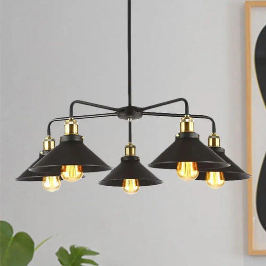 Industrial Style Black Metallic Hanging Light With Conical Chandelier Design - Perfect For Dining