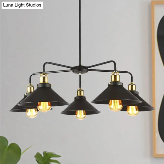 Industrial Style Black Metallic Hanging Light Chandelier For Dining Table - 3/4/5 Head Conical