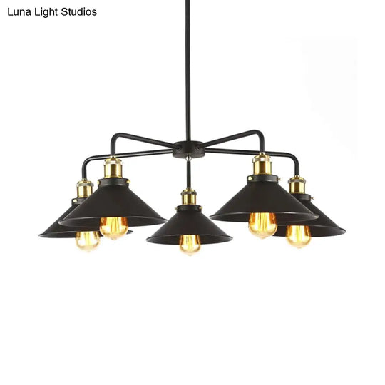 Industrial Style Black Metallic Hanging Light Chandelier For Dining Table - 3/4/5 Head Conical