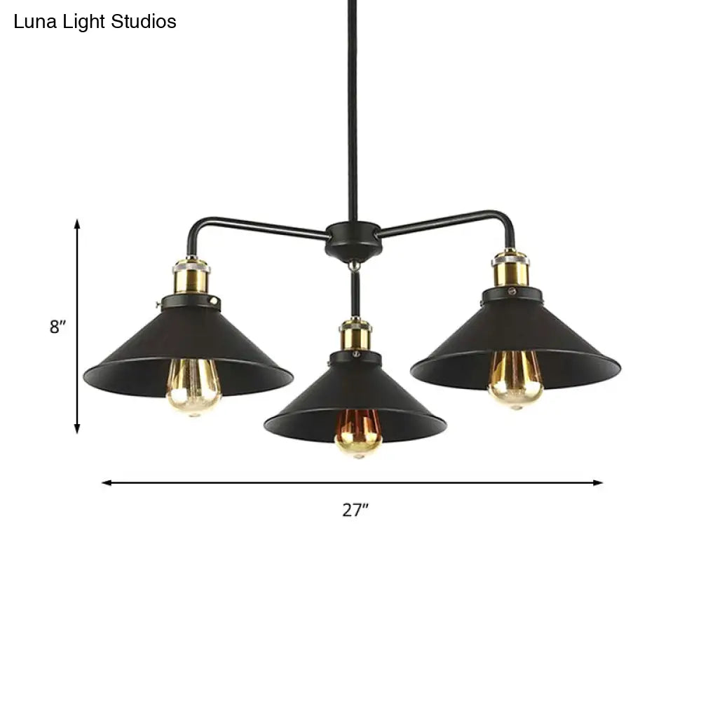 Industrial Style Black Metallic Hanging Light Chandelier For Dining Table - 3/4/5 Head Conical