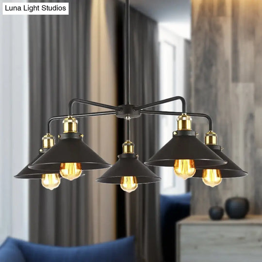 Industrial Style Black Metallic Hanging Light Chandelier For Dining Table - 3/4/5 Head Conical