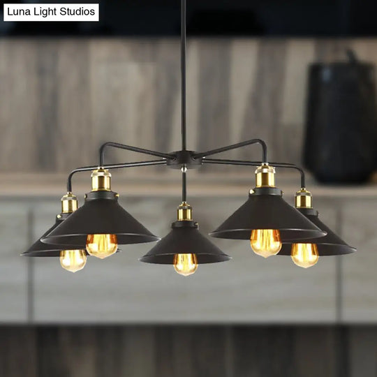 Industrial Style Black Metallic Hanging Light Chandelier For Dining Table - 3/4/5 Head Conical