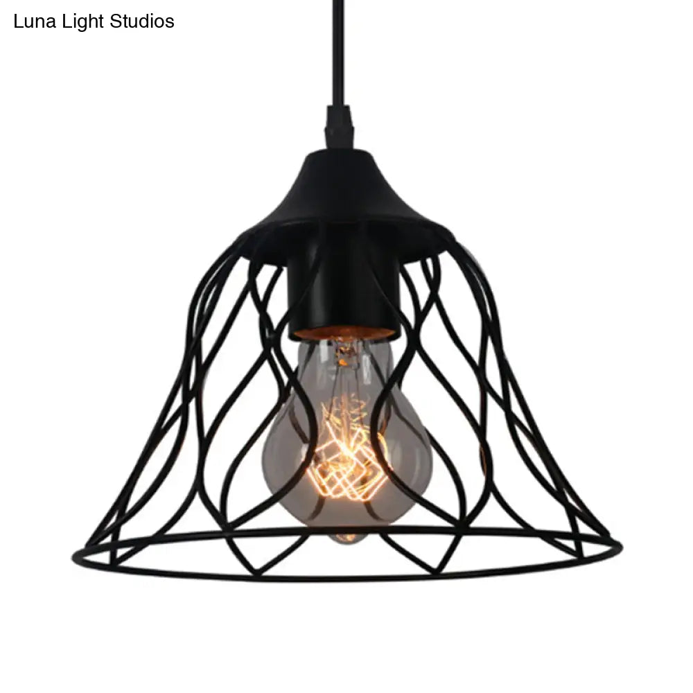 Industrial Style Black Pendant Lamp With Bell Cage Shade & Metallic Accents - Perfect For