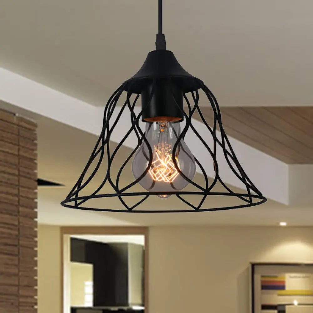 Industrial Style Black Pendant Lamp With Bell Cage Shade & Metallic Accents - Perfect For