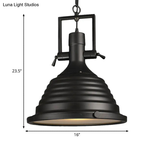 1 Bulb Black Pendant Light With Metallic Ripple Shade - Industrial Style Hanging Lamp Frosted