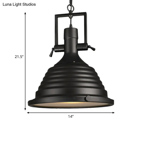 Industrial Style Black Pendant Lamp With Metallic Ripple Shade And Frosted Diffuser - 14’/16’ Width