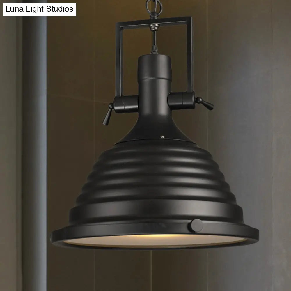 1 Bulb Black Pendant Light With Metallic Ripple Shade - Industrial Style Hanging Lamp Frosted