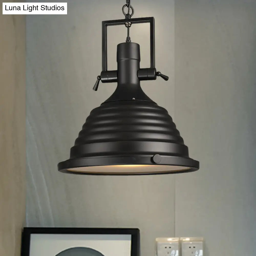 1 Bulb Black Pendant Light With Metallic Ripple Shade - Industrial Style Hanging Lamp Frosted