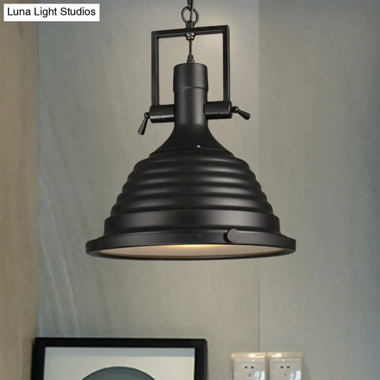 1 Bulb Black Pendant Light With Metallic Ripple Shade - Industrial Style Hanging Lamp Frosted