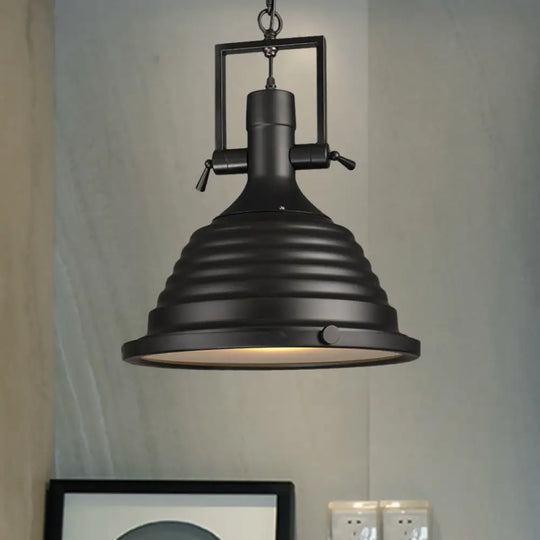 Industrial Style Black Pendant Lamp With Metallic Ripple Shade And Frosted Diffuser - 14’/16’