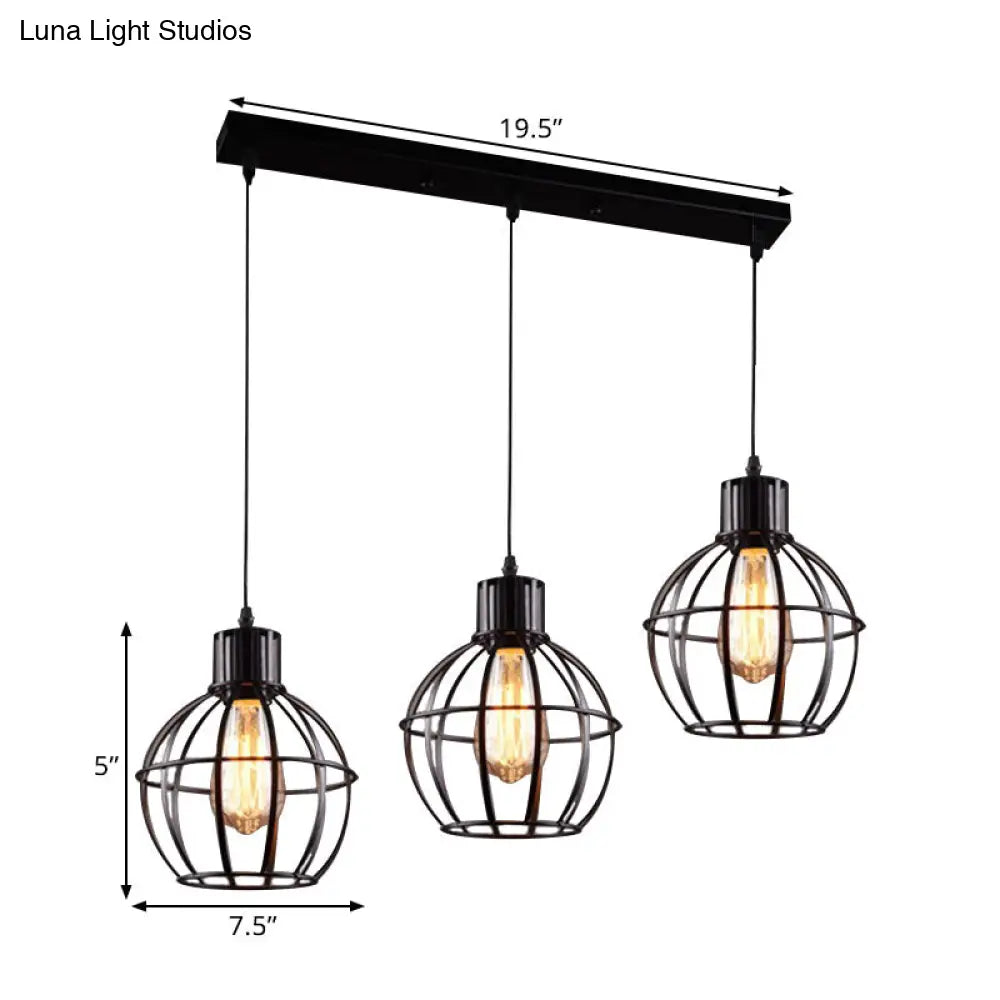 Industrial Style Black Pendant Light With Globe Shade - Set Of 3 Bulbs For Dining Room Lighting