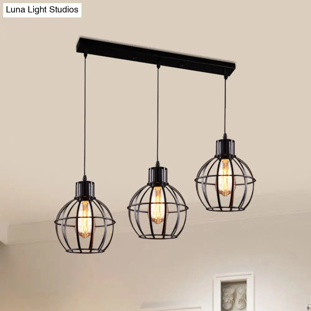 Industrial Style Black Pendant Light With 3 Bulbs Wire Globe Shade - Ideal For Dining Room