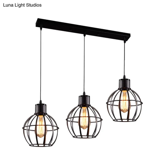 Industrial Style Black Pendant Light With 3 Bulbs Wire Globe Shade - Ideal For Dining Room