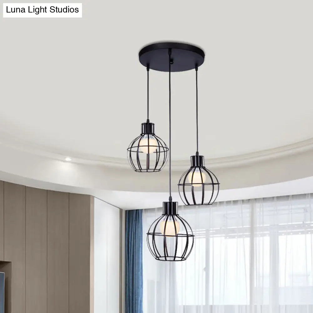 Industrial Style Black Pendant Light With 3 Bulbs Wire Globe Shade - Ideal For Dining Room
