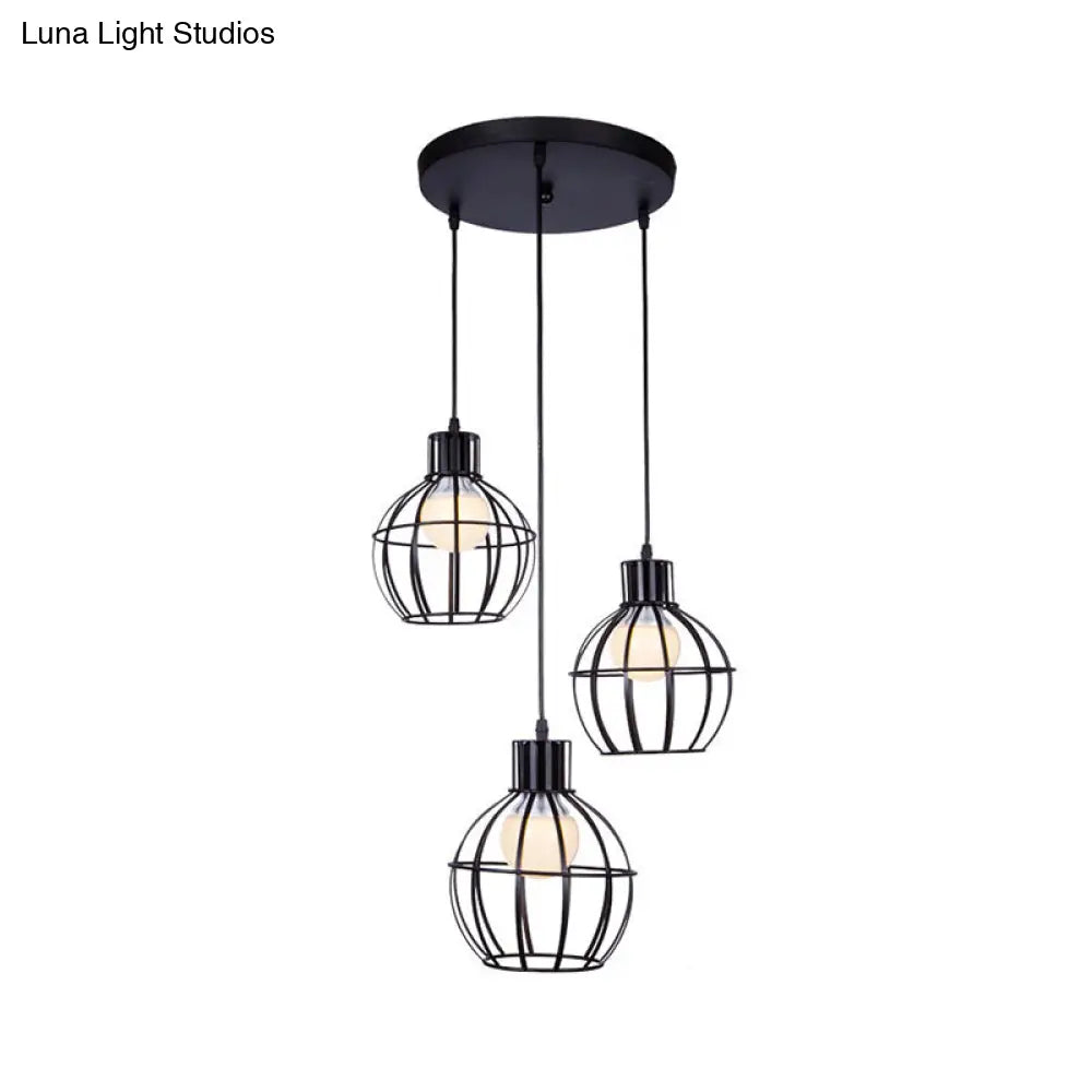 Industrial Style Black Pendant Light With Globe Shade - Set Of 3 Bulbs For Dining Room Lighting