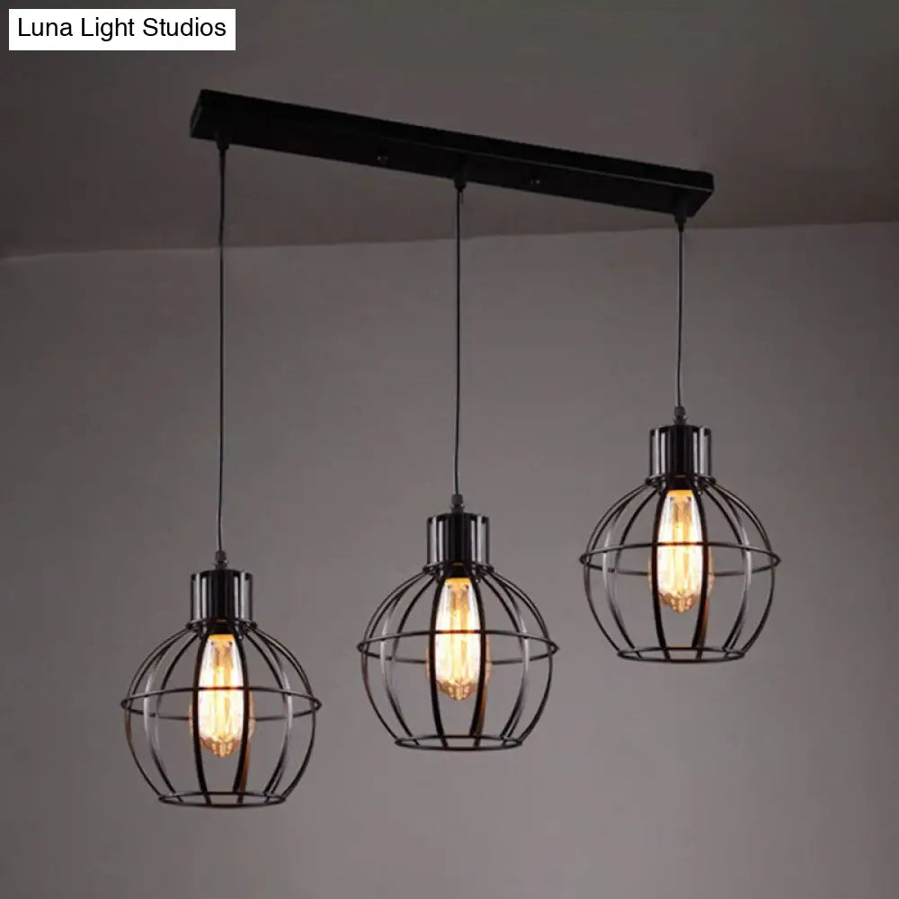 Industrial Style Black Pendant Light With Globe Shade - Set Of 3 Bulbs For Dining Room Lighting /
