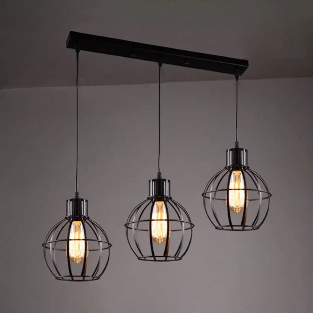 Industrial Style Black Pendant Light With 3 Bulbs Wire Globe Shade - Ideal For Dining Room / Linear