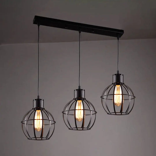 Industrial Style Black Pendant Light With 3 Bulbs Wire Globe Shade - Ideal For Dining Room / Linear