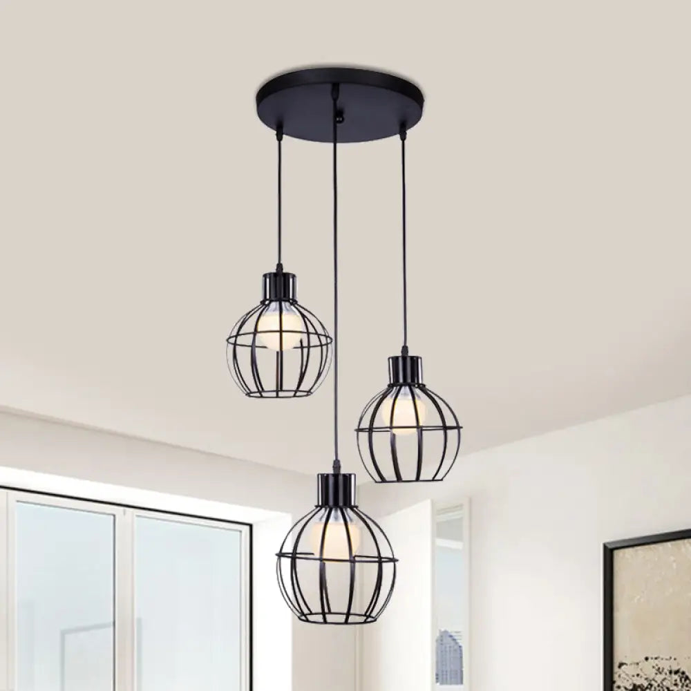 Industrial Style Black Pendant Light With 3 Bulbs Wire Globe Shade - Ideal For Dining Room / Round