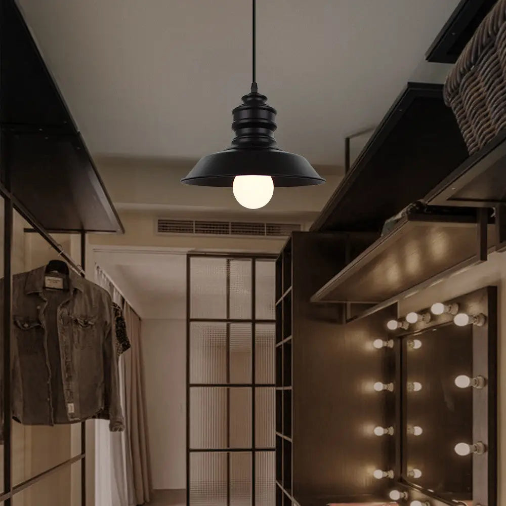 Industrial Style Black Pendant Light With Metal Barn Lampshade - Perfect For Balcony Hanging