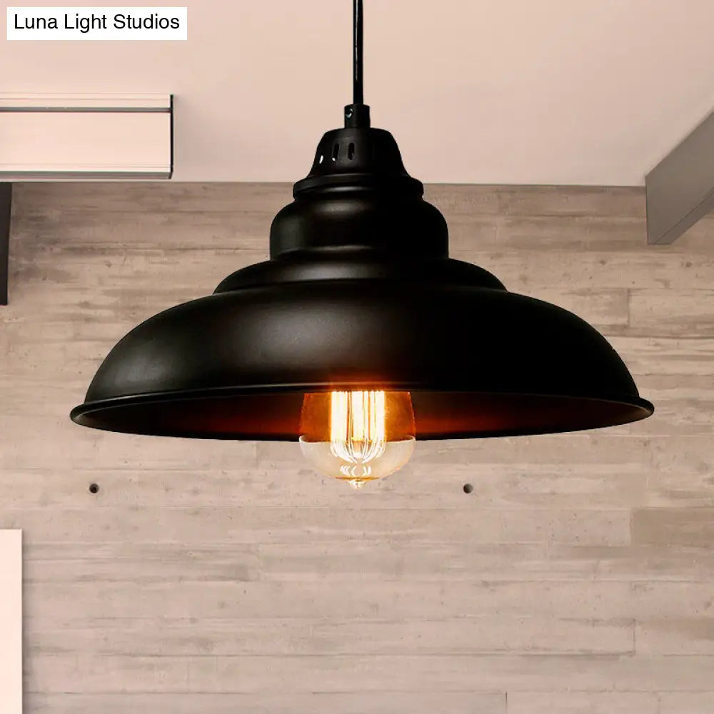 Industrial Style Black Hanging Dining Room Light With Bowl Metallic Shade - 1-Light Suspension