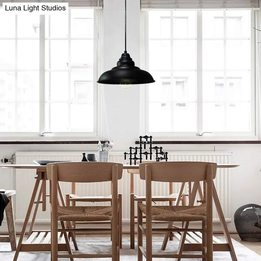 Industrial Style Black Hanging Dining Room Light With Bowl Metallic Shade - 1-Light Suspension