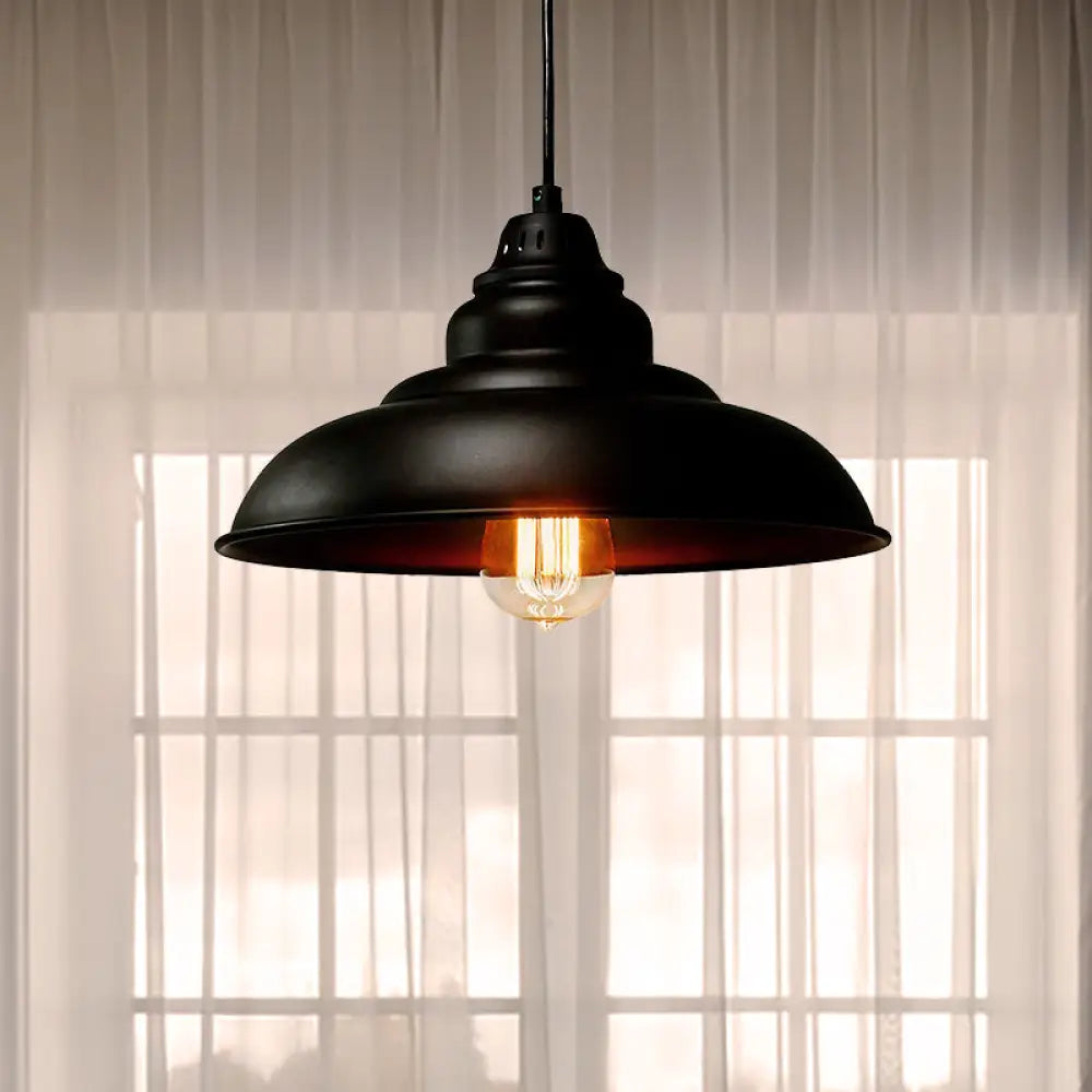 Industrial Style Black Pendant Light With Metallic Bowl Shade For Dining Room Suspension Lighting