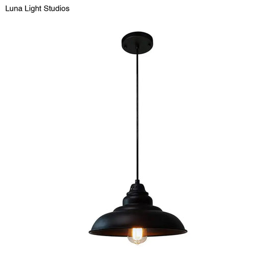 Industrial Style Black Hanging Dining Room Light With Bowl Metallic Shade - 1-Light Suspension