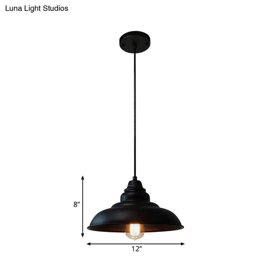 Industrial Style Black Hanging Dining Room Light With Bowl Metallic Shade - 1-Light Suspension