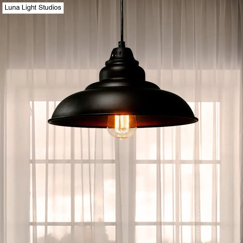 Industrial Style Black Hanging Dining Room Light With Bowl Metallic Shade - 1-Light Suspension