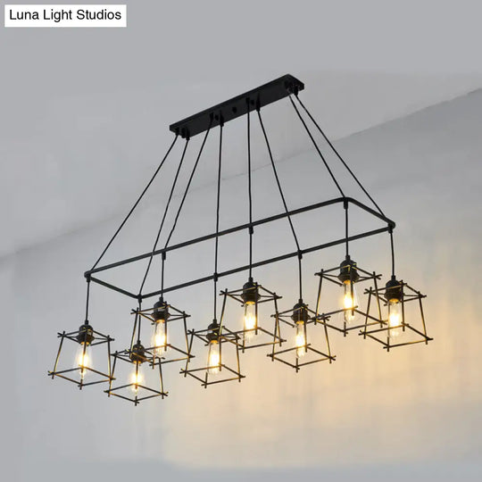 Industrial Style Black/Red Metal Island Pendant Light With 8 Bulbs & Squared Cage Shade