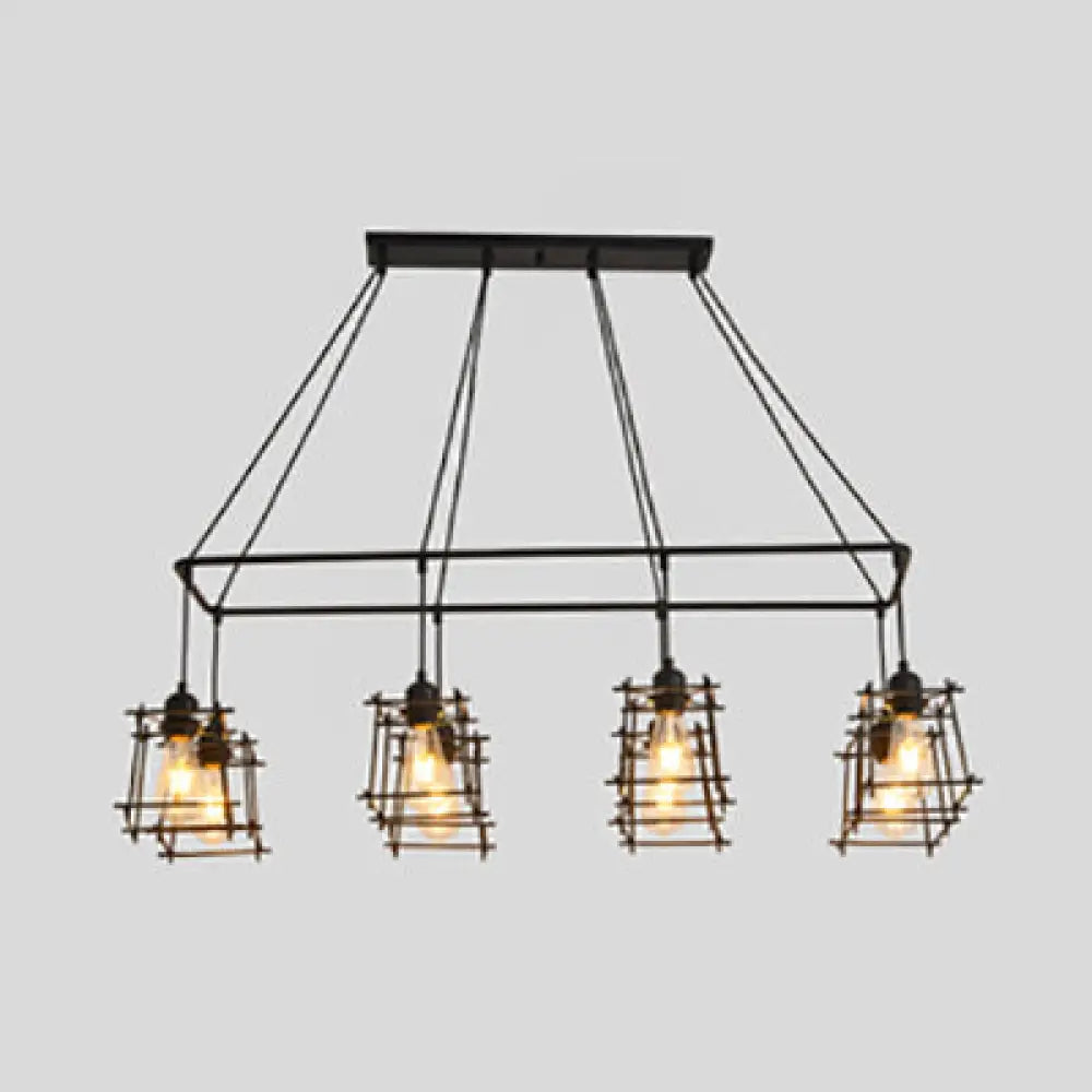 Industrial Style Black/Red Metal Island Pendant Light With 8 Bulbs & Squared Cage Shade Black