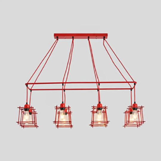 Industrial Style Black/Red Metal Island Pendant Light With 8 Bulbs & Squared Cage Shade Red