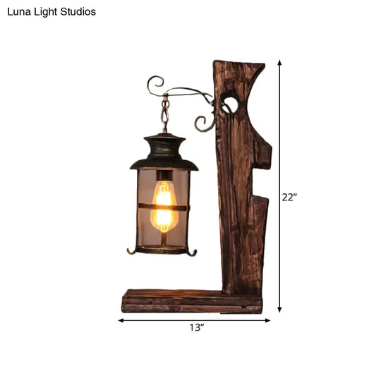 Industrial Style Black Table Lamp: Clear Glass Lantern With Wood Base