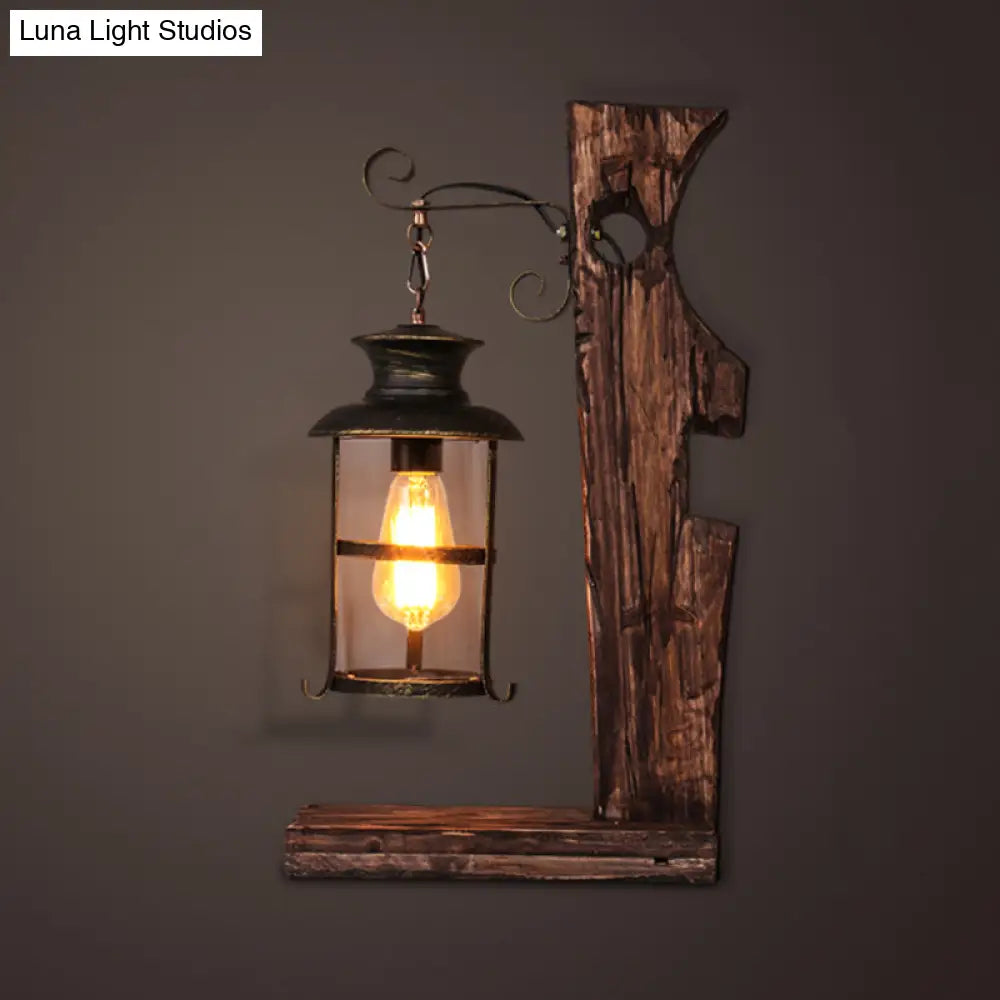 Industrial Style Black Table Lamp: Clear Glass Lantern With Wood Base