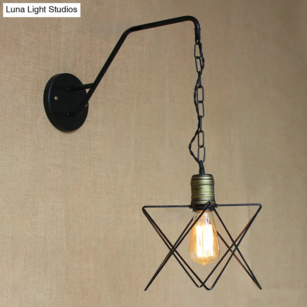 Industrial Style Black Triangle Globe Cage Sconce For Coffee Shop Wall Mount