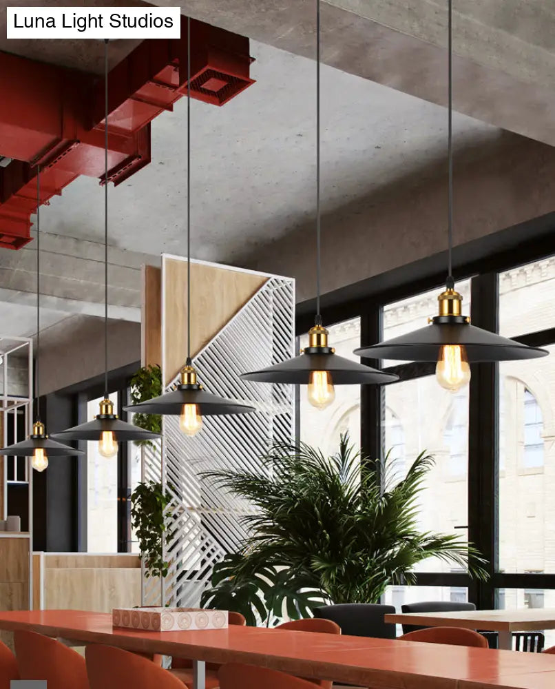 Industrial Style Black Vintage Hanging Light Fixture With Metal Saucer Shade And Brass Lamp Socket -