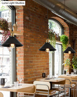 Industrial Style Black Vintage Hanging Light Fixture With Metal Saucer Shade And Brass Lamp Socket -