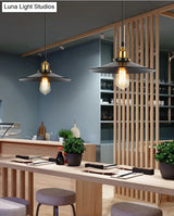 Industrial Style Black Vintage Hanging Light Fixture With Metal Saucer Shade And Brass Lamp Socket -