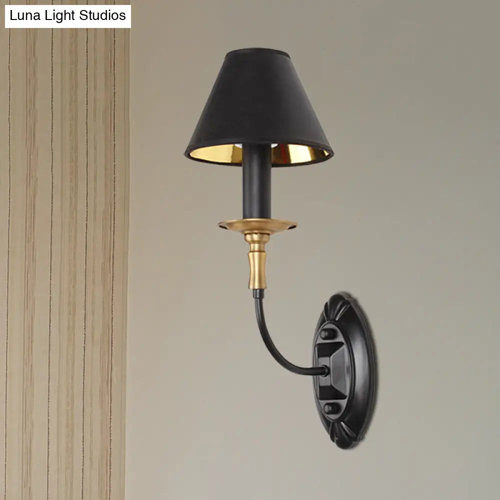 Industrial Style Black Wall Light With Fabric And Metal Cone Shade For Bedroom