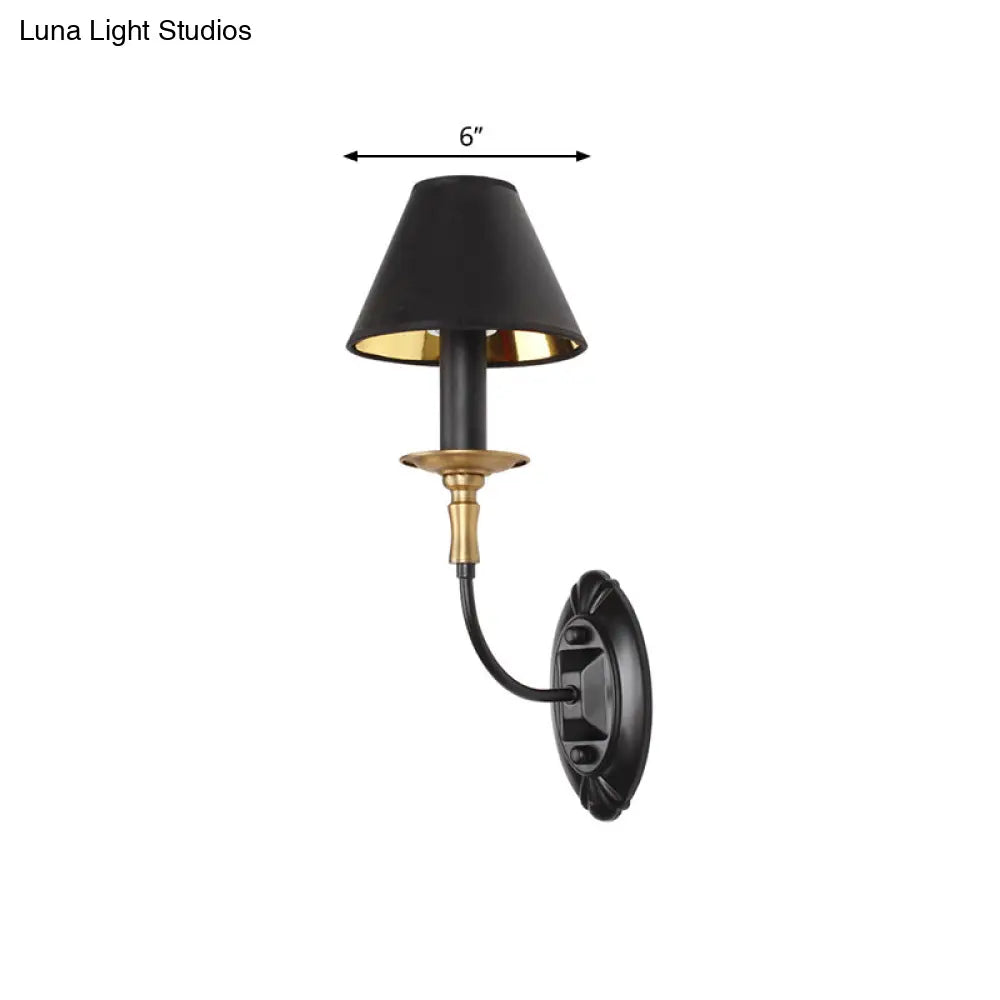 Industrial Style Black Wall Light With Fabric And Metal Cone Shade For Bedroom