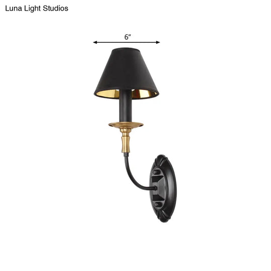 Industrial Style Black Wall Light With Fabric And Metal Cone Shade For Bedroom