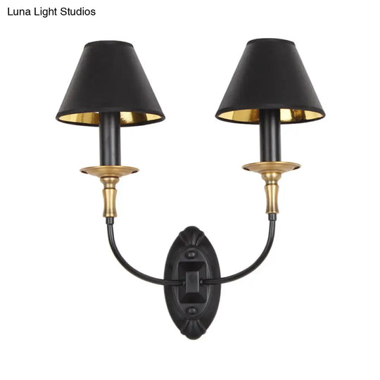 Industrial Style Black Wall Light With Fabric And Metal Cone Shade For Bedroom