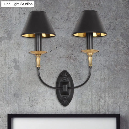 Industrial Style Black Wall Light With Fabric And Metal Cone Shade For Bedroom