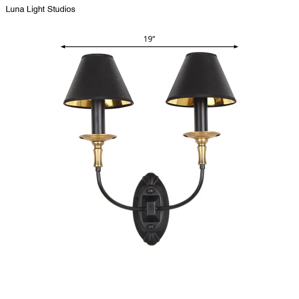 Industrial Style Black Wall Light With Fabric And Metal Cone Shade For Bedroom