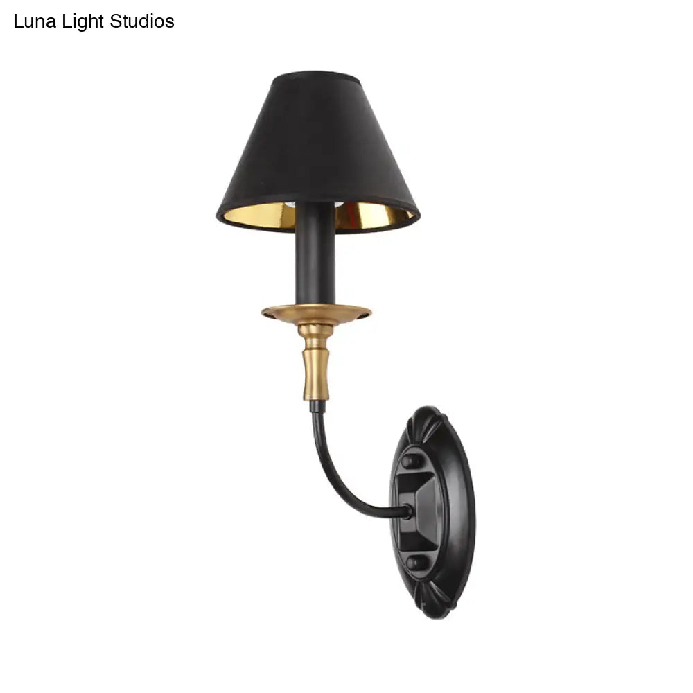 Industrial Style Black Wall Light With Fabric And Metal Cone Shade For Bedroom