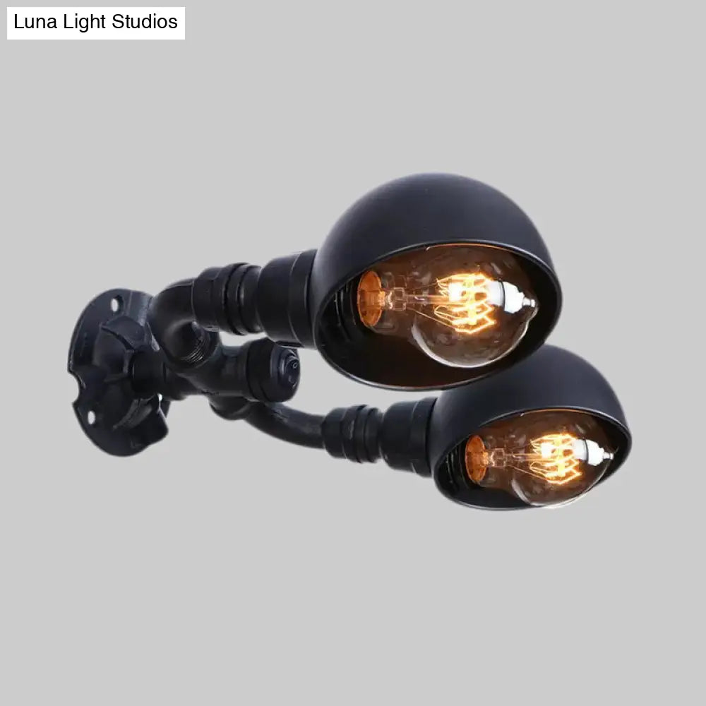 Industrial Style Black Wall Sconce Lamp With 2 Bulbs And Metallic Domed Design For Corridor